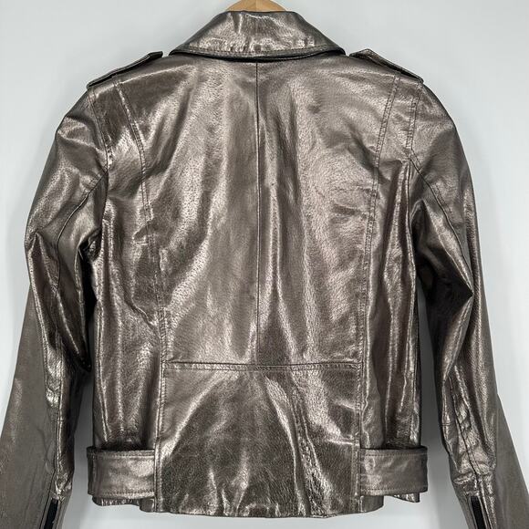 ZARA Genuine Leather Jacket Silver Metallic Belted Moto Biker Jacket - Picture 10 of 16
